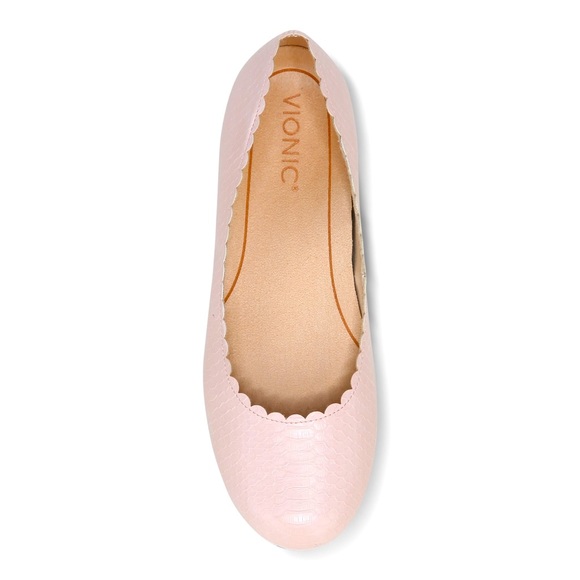 Vionic Shoes - VIONIC Julieta Ballet Flat Shell Pink Snakeskin Comfort Scalloped